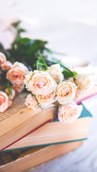 Gentle roses with old books on a wooden background