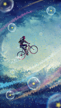 A young girl rides a bicycle flying over the starry sky