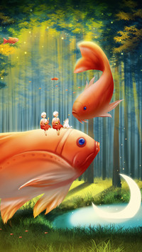 Children Sitting on the Back of Koi and Flying in the Forest