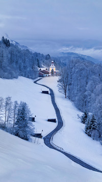 Winter Landscape With Church  in The Mountains