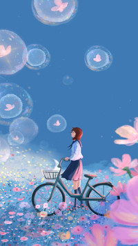 A Girl with a Bicycle Walking Among the Flowers