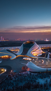 Night view of Harbin Grand Theatre with sunset colors
