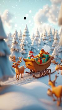 Joyful Santa in Sleigh, Pulled by Happy Reindeer in Snowy Wo