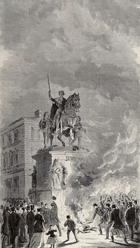 An emotionally charged crowd under the statue of the king