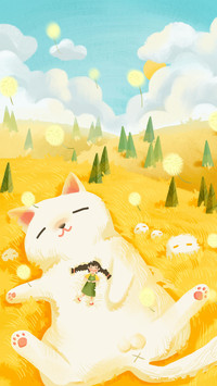 Girl And Cat Lying on The Golden Grass