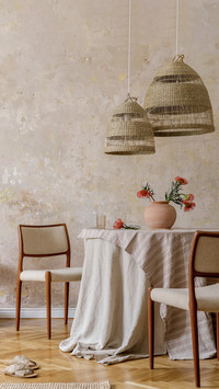 Stylish and elegant dining room interior with diner table