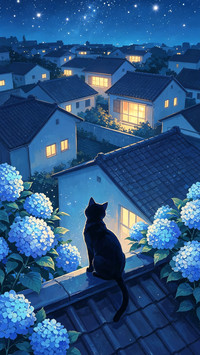 绣球花下 猫与月光