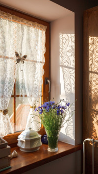 A vase with flowers is on the windowsill
