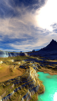The mountains and water are rendered