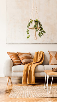 Modern Boho Interior of Living Room at Cozy Apartment