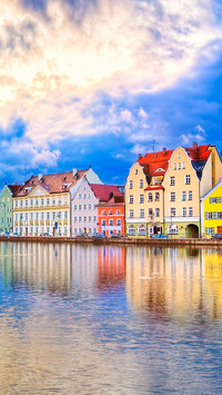 Colorful historical houses on Isar river in Germany