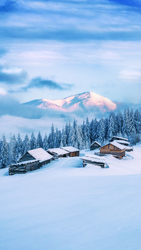 Wooden House in Winter Forest