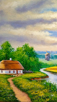 Rural Countryside Farmland Oil Painting