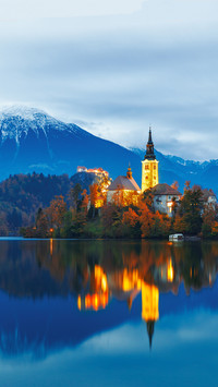 Night scenery at Bled lake with church on island