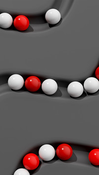 A red and white sphere on a black and gray background