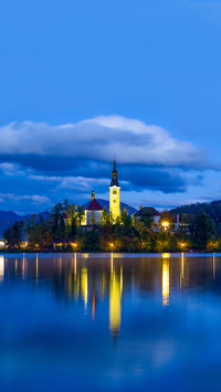 View of famous island and Church of Bled by night