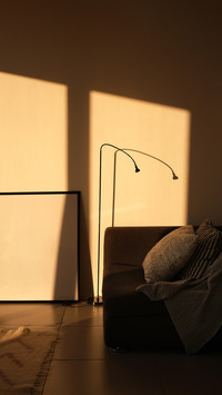 An armchair in sunlight and a picture in the living room