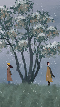 Couple Standing Under A Tree With Snow Falling