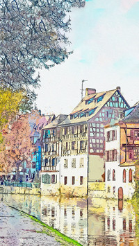 Brightly colored waterside street scene painting