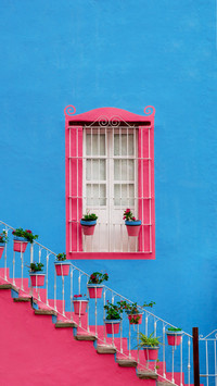 Mexican Classic Window and stairs, pink and blue colors