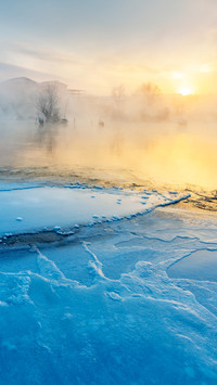 Blue ice surface at sunrise