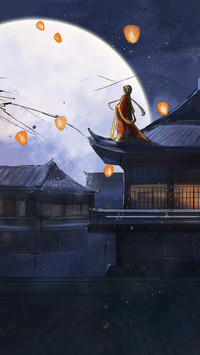 The Girl Standing on The Roof in The Moonlight