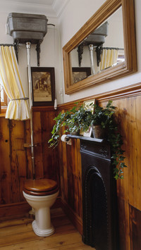 Toilet in a bathroom with a wooden finish and decorative