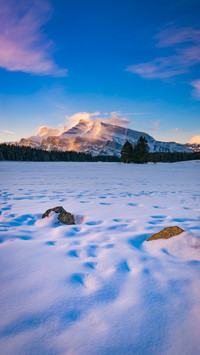 Winter sunrise at Two Jack Lake, Banff National Park