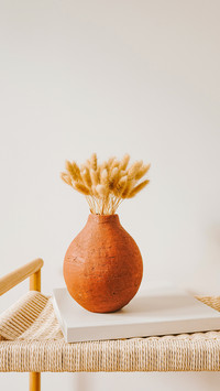 Bunny tail grass bouquet in elegant clay pot on rattan bench