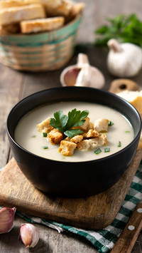 Garlic soup topped with croutons in bowl