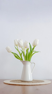 Beautiful bouquet of white tulips in white vase