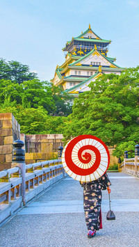 Girl in Kimono with Umbrella in Osaka