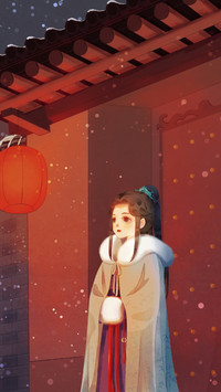Girl Watching Snow Falling Under The Eaves