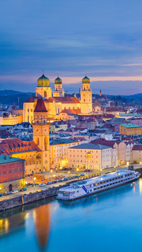 Passau skyline during twilight blue hour, Bavaria, Germany
