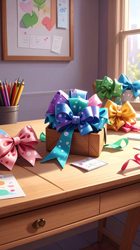 Firefly_Wooden desk filled with polka bows of diffrent colors. 919072.jpg