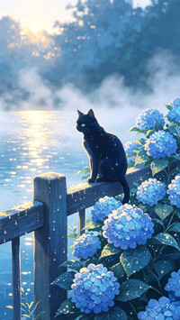 绣球花下 猫与月光