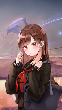 A Girl with Bag Listening by Headphone