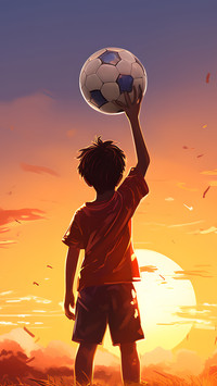 A boy lifts a football in the sunset