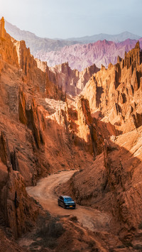 The car and the red stone forest