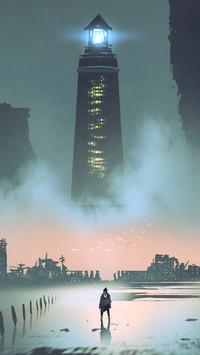 Night Scenery of The Big Lighthouse in Futuristic World