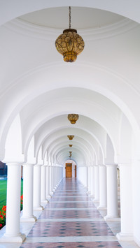 Grand Hallway, Red &amp; White Tiles Meeting Elegant Doo