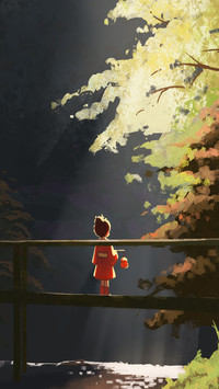 The Girl in Red Stands on the Bridge with a Lantern