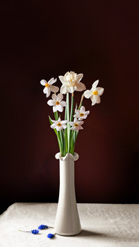 Still life with a bouquet of daffodils in white vase
