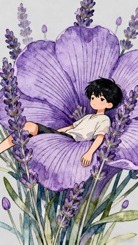 Young man amidst purple flowers
