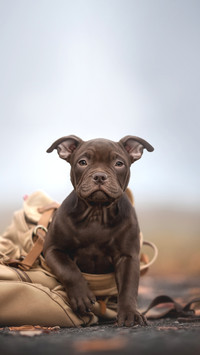 American bully puppy dog in fabric backpack