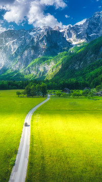 View of road, alpine mountains,, trees in summer at sunset