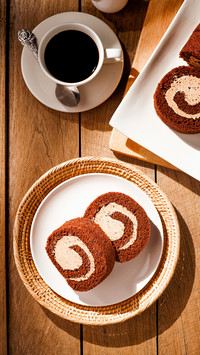 Chocolate cake roll with cup of coffee on wooden table