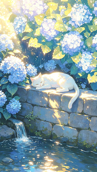 绣球花下 猫与月光