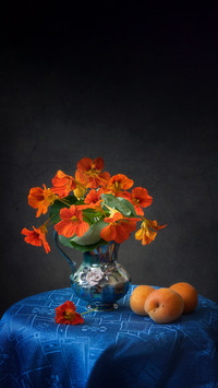 Still life with bouquet of nasturtium and apricots