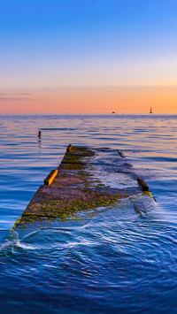A flooded old pier overgrown with moss in the Blue Black Sea